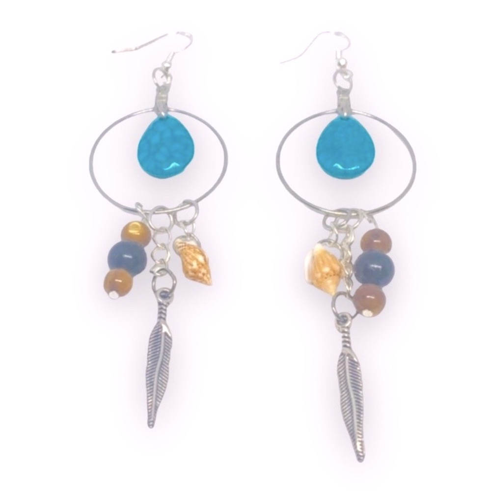New Handmade New S925 Sterling Silver Turquoise Shell Beach Dangle Earrings